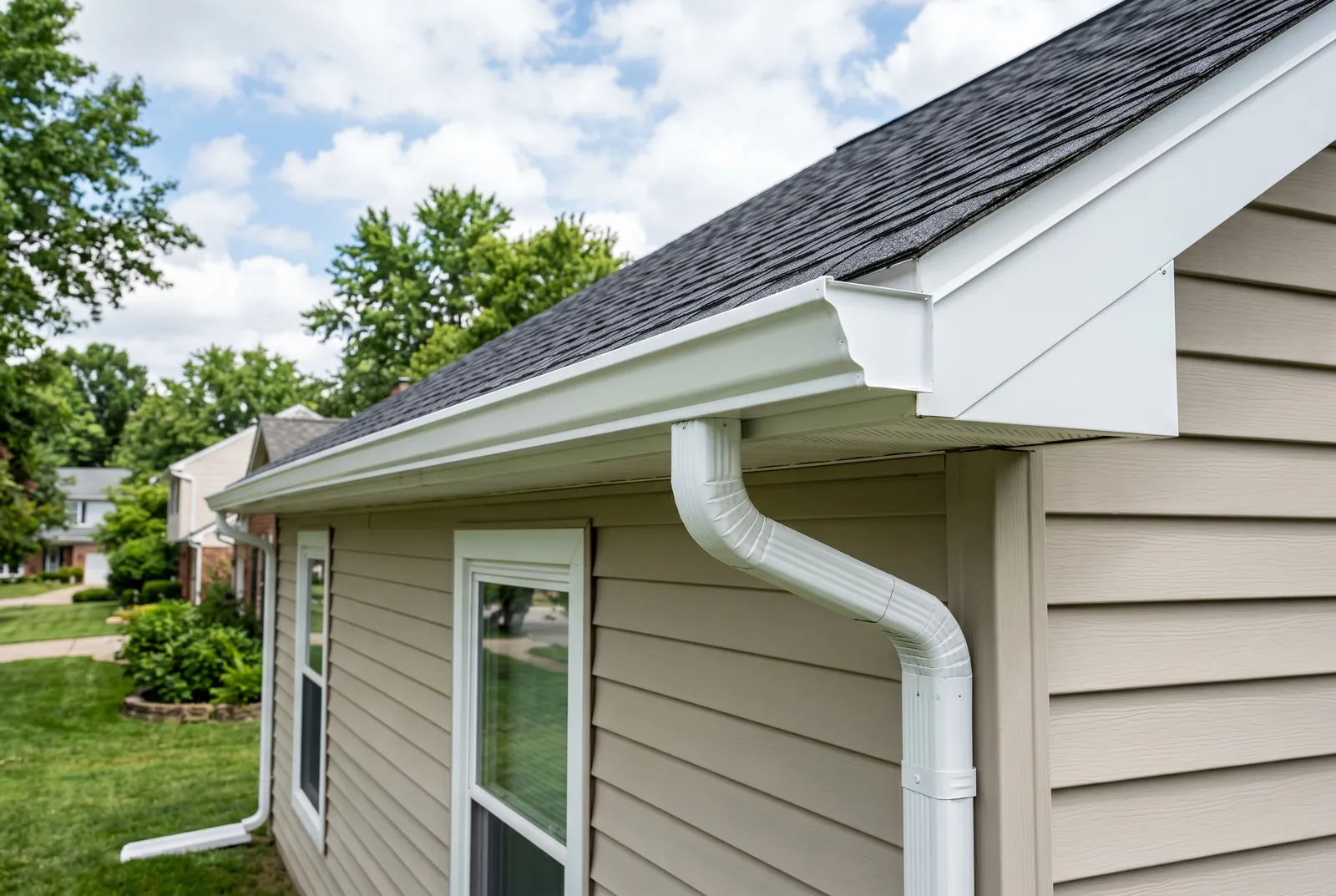 Gutter cleaning in Louisville, KY by Noah's Pressure Washing, debris cleared and white gutters brightened