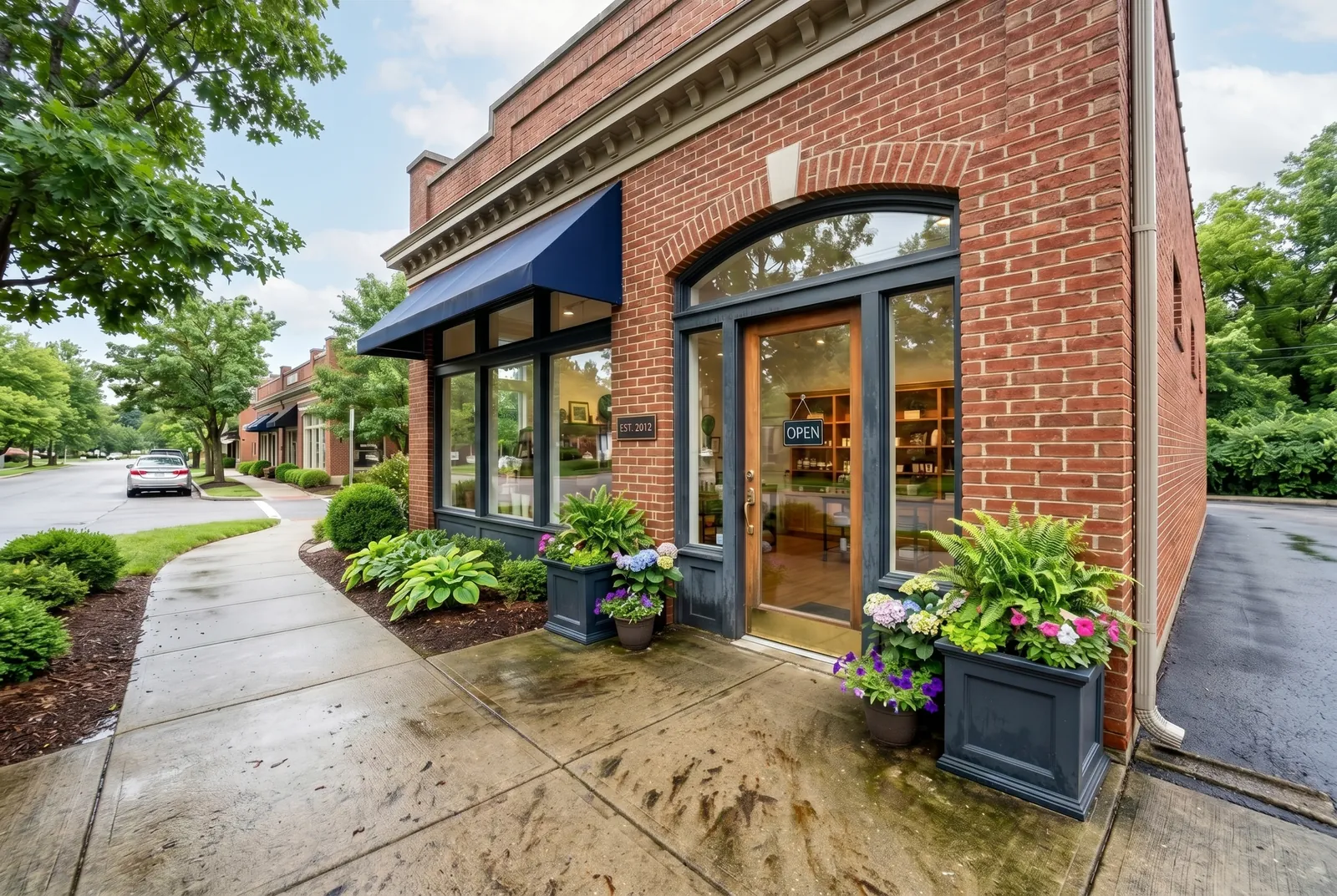 Commercial storefront sidewalk before pressure washing in NuLu, Louisville, KY, gum and traffic grime