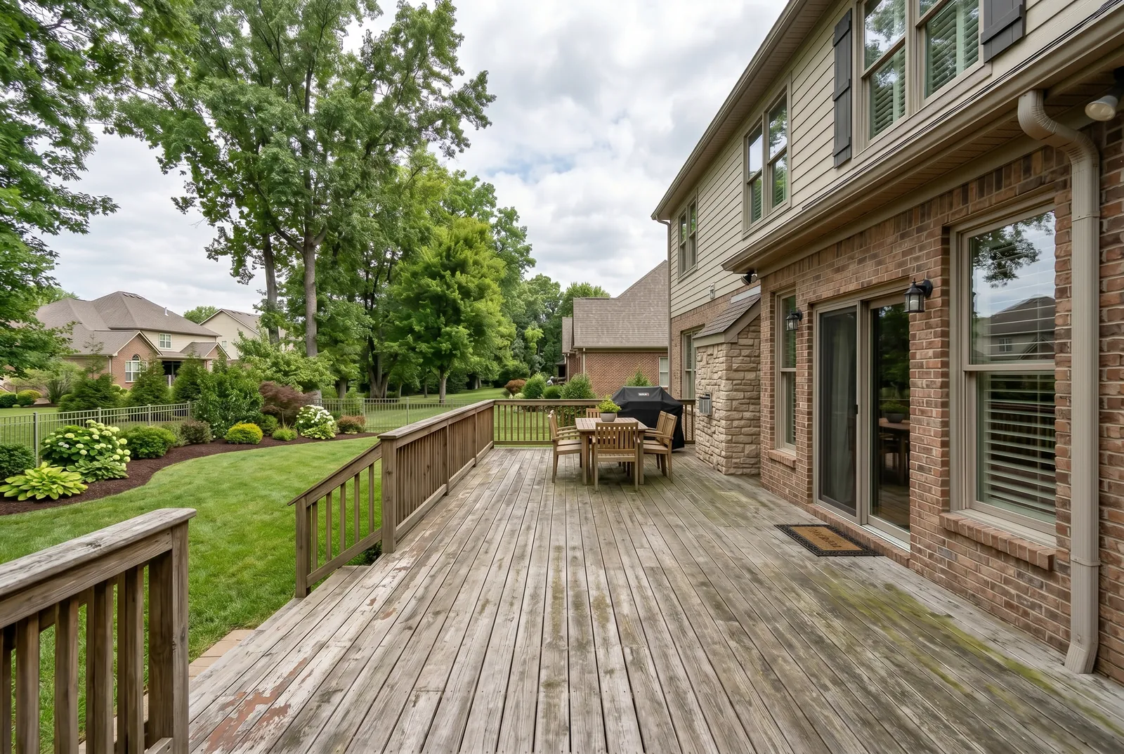 Wood deck before restoration in Anchorage, KY, gray weathered boards with flaking old stain