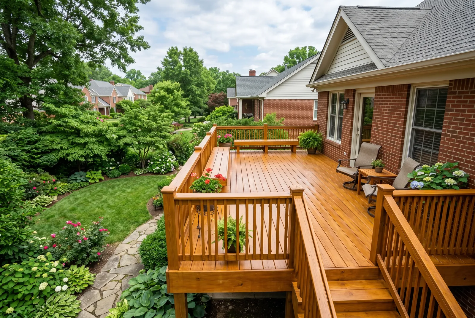 Second-story wood deck after restoration in Crescent Hill, Louisville, KY by Noah's Pressure Washing, fresh stain