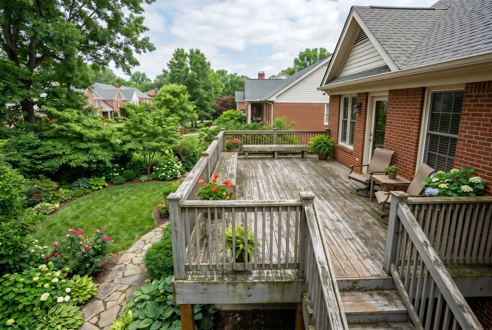 Second-story wood deck before restoration in Crescent Hill, Louisville, KY, peeling stain and weathered boards