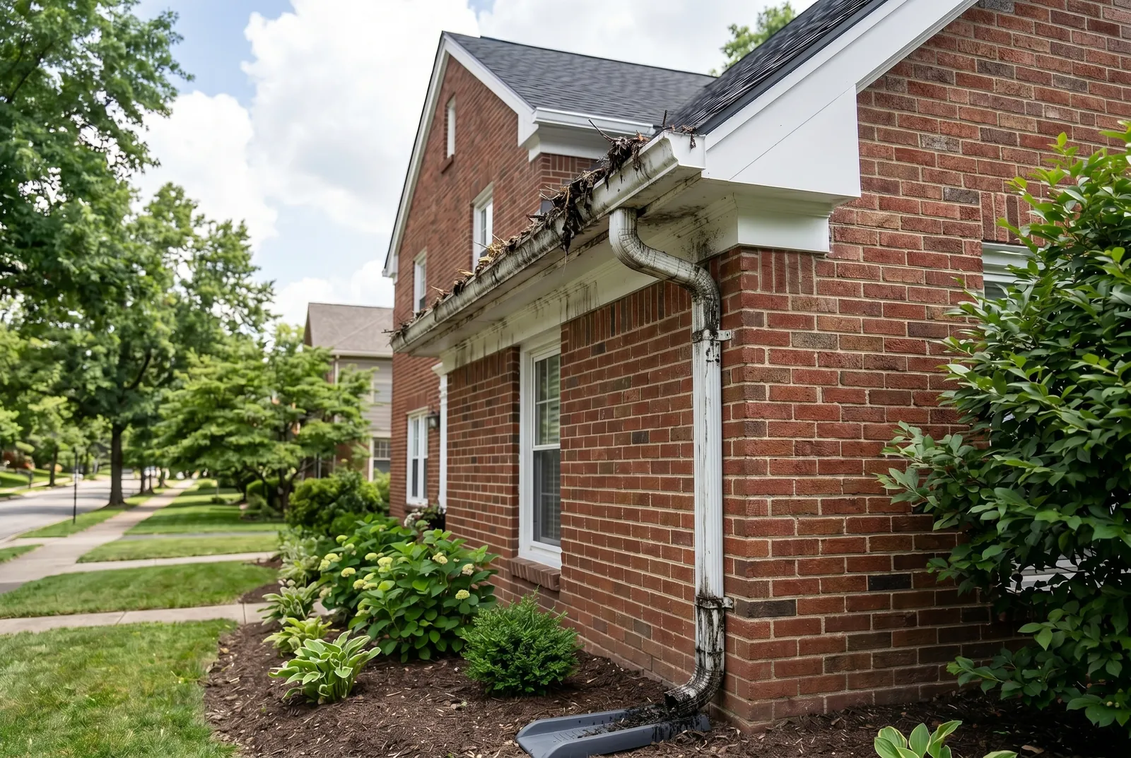 Clogged gutters before cleaning in Fern Creek, Louisville, KY, leaves overflowing and dark streaks